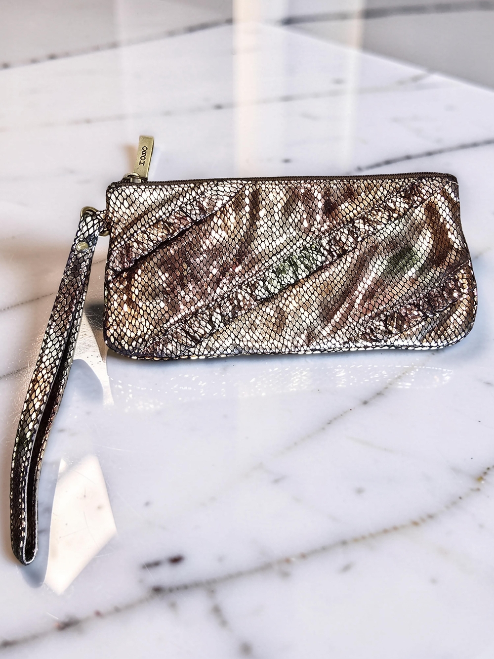 HOBO Sable Metal Snake Embossed Leather Wristlet Pouch Clutch
